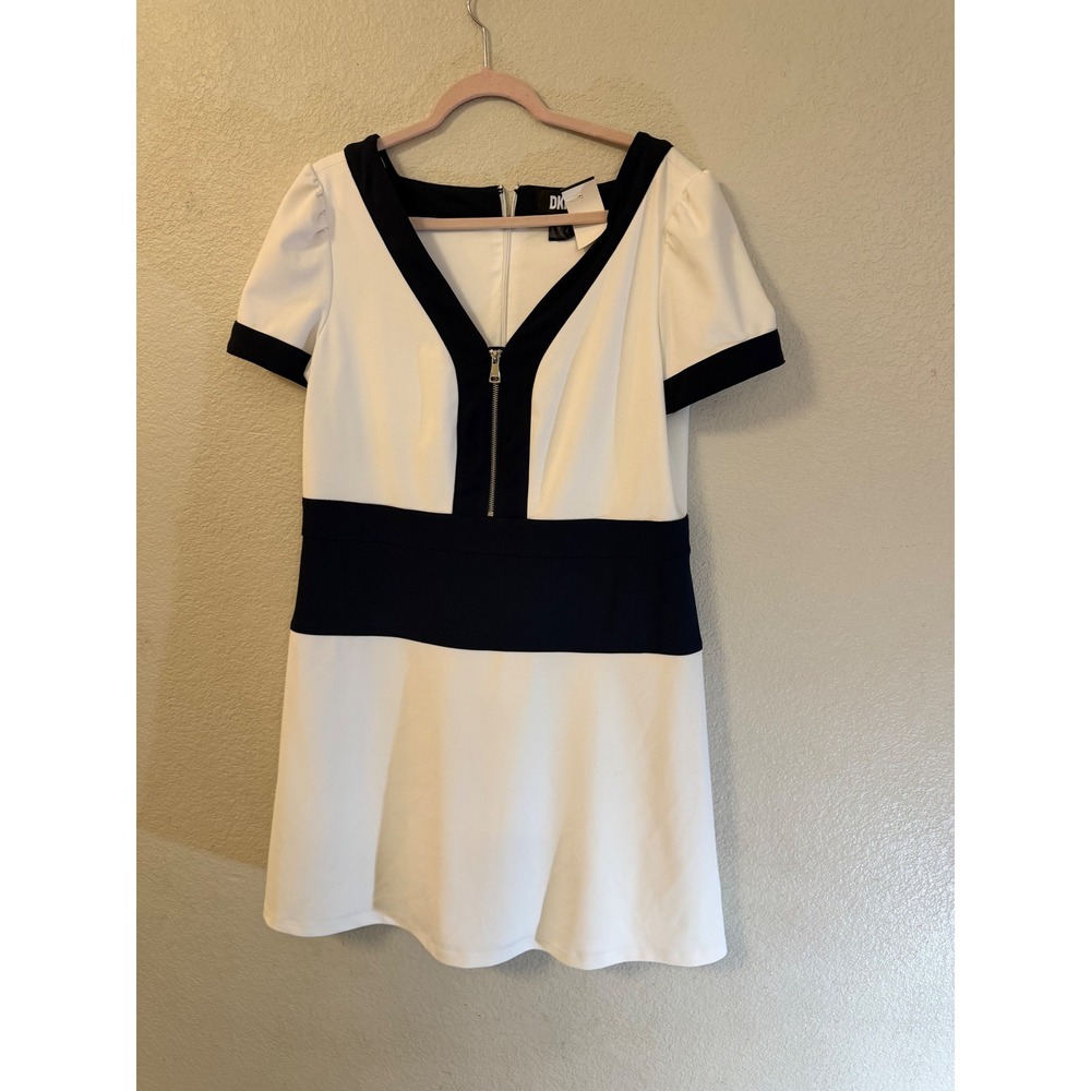 DKNY Fit & Flare Dress Size 14 Ivory Navy Colorblock Zip Front ShortSleevederby - Picture 2 of 8